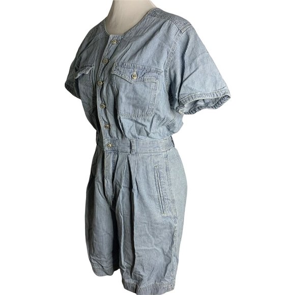 Vintage Gloria Vanderbilt Denim Romper M Blue Striped Buttons Pockets Elastic - Picture 4 of 7